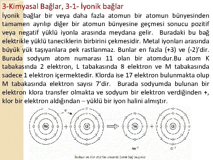 3 -Kimyasal Bağlar, 3 -1 - İyonik bağlar bir veya daha fazla atomun bir