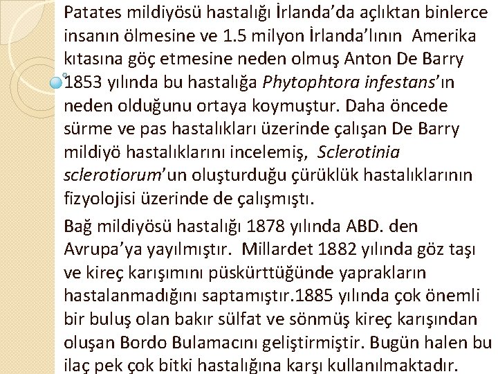 Patates mildiyösü hastalığı İrlanda’da açlıktan binlerce insanın ölmesine ve 1. 5 milyon İrlanda’lının Amerika