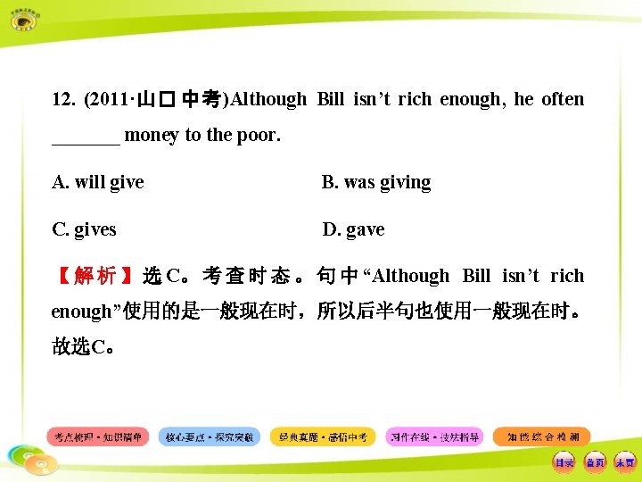 12. (2011·山� 中考)Although Bill isn’t rich enough, he often _______ money to the poor.