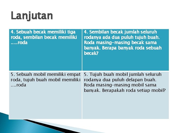 Lanjutan 4. Sebuah becak memiliki tiga roda, sembilan becak memiliki. . . roda 4.
