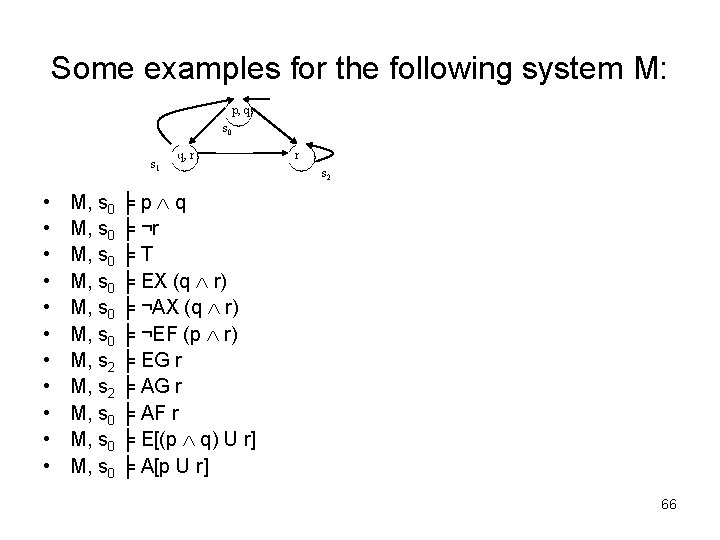 Some examples for the following system M: p, q s 0 s 1 •