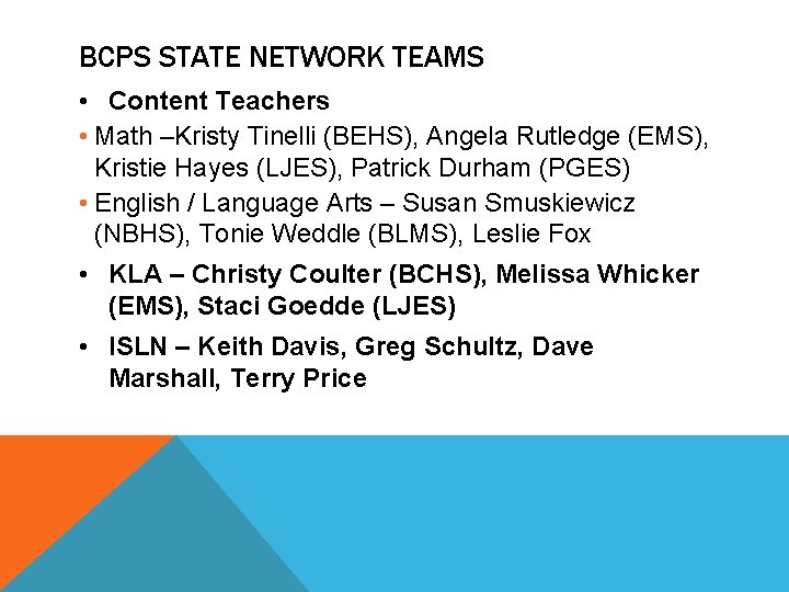 BCPS STATE NETWORK TEAMS • Content Teachers • Math –Kristy Tinelli (BEHS), Angela Rutledge