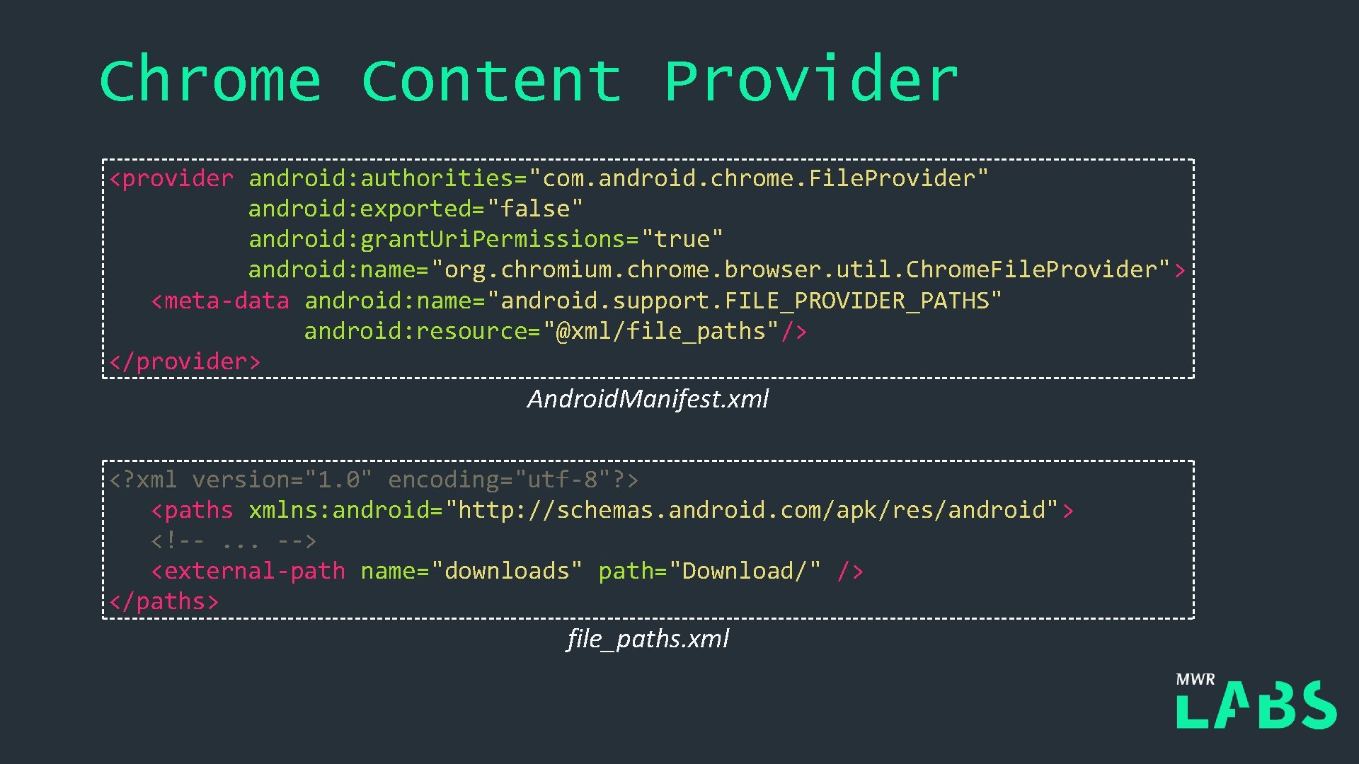Chrome Content Provider <provider android: authorities="com. android. chrome. File. Provider" android: exported="false" android: grant.