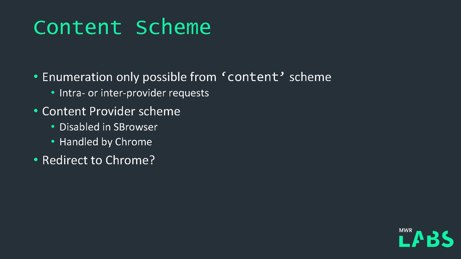 Content Scheme • Enumeration only possible from ‘content’ scheme • Intra- or inter-provider requests