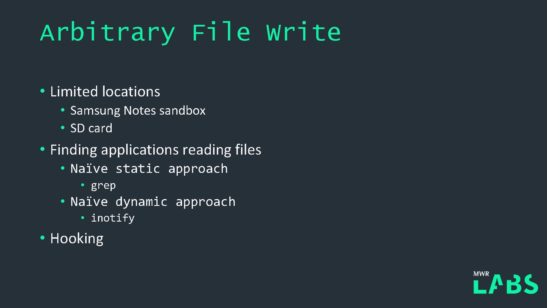 Arbitrary File Write • Limited locations • Samsung Notes sandbox • SD card •