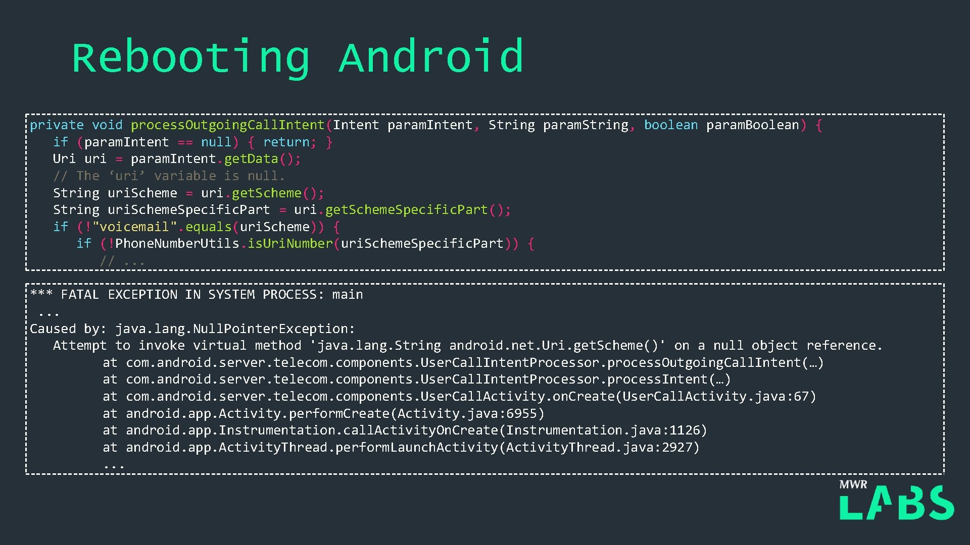 Rebooting Android private void process. Outgoing. Call. Intent(Intent param. Intent, String param. String, boolean