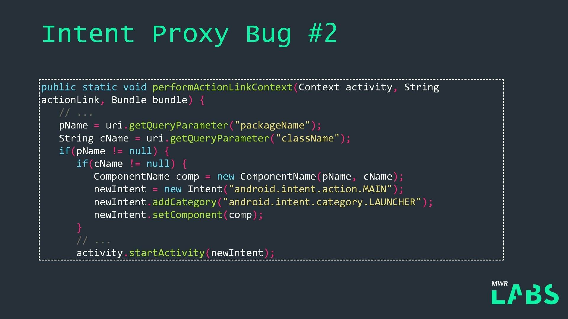 Intent Proxy Bug #2 public static void perform. Action. Link. Context(Context activity, String action.