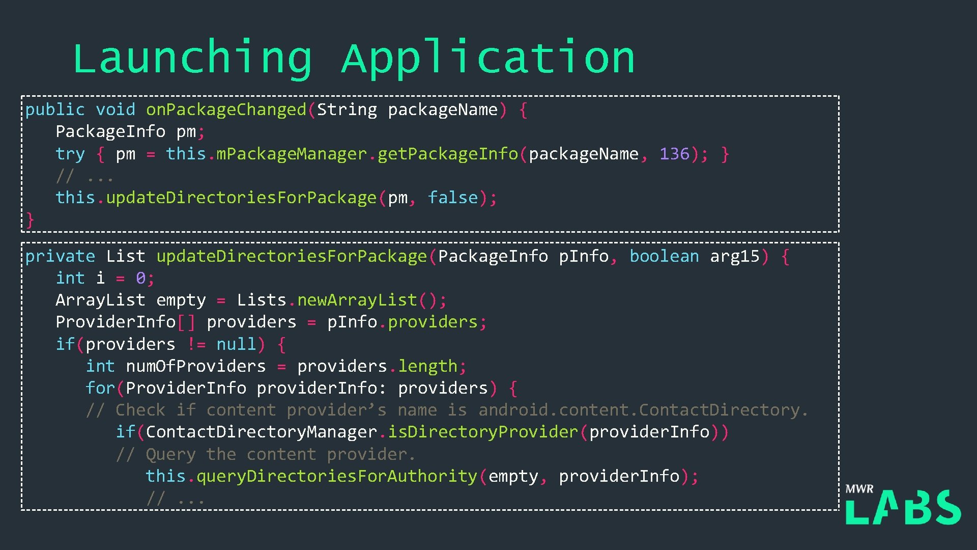 Launching Application public void on. Package. Changed(String package. Name) { Package. Info pm; try