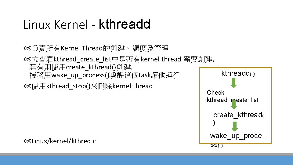 Linux Kernel - kthreadd 負責所有Kernel Thread的創建、調度及管理 去查看kthread_create_list中是否有kernel thread 需要創建, 若有則使用create_kthread()創建, kthreadd( ) 接著用wake_up_process()喚醒這個task讓他運行 使用kthread_stop()來刪除kernel