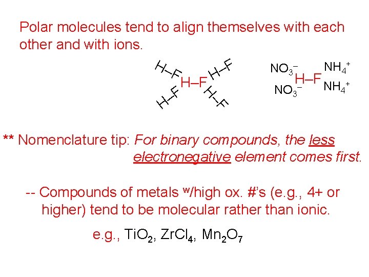 F H– Polar molecules tend to align themselves with each other and with ions.