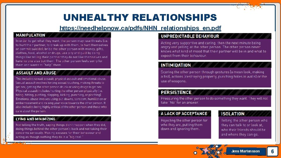 UNHEALTHY RELATIONSHIPS https: //needhelpnow. ca/pdfs/NHN_relationships_en. pdf Jens Martensson 6 