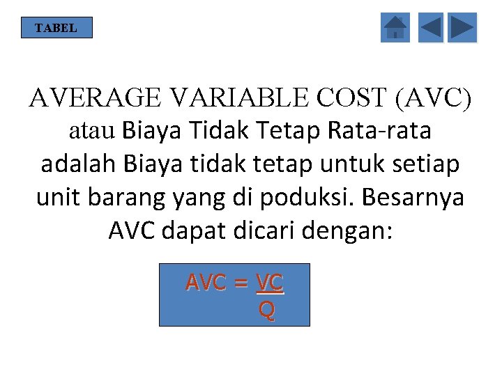 TABEL AVERAGE VARIABLE COST (AVC) atau Biaya Tidak Tetap Rata-rata adalah Biaya tidak tetap