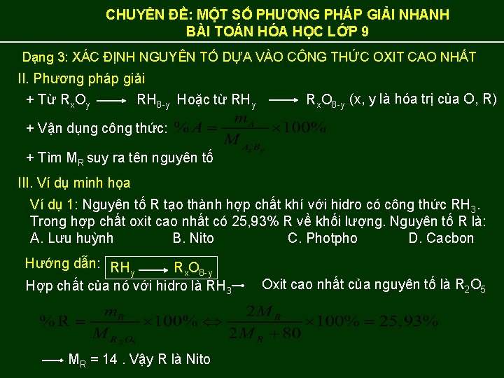 CHUYÊN ĐỀ: MỘT SỐ PHƯƠNG PHÁP GIẢI NHANH BÀI TOÁN HÓA HỌC LỚP 9