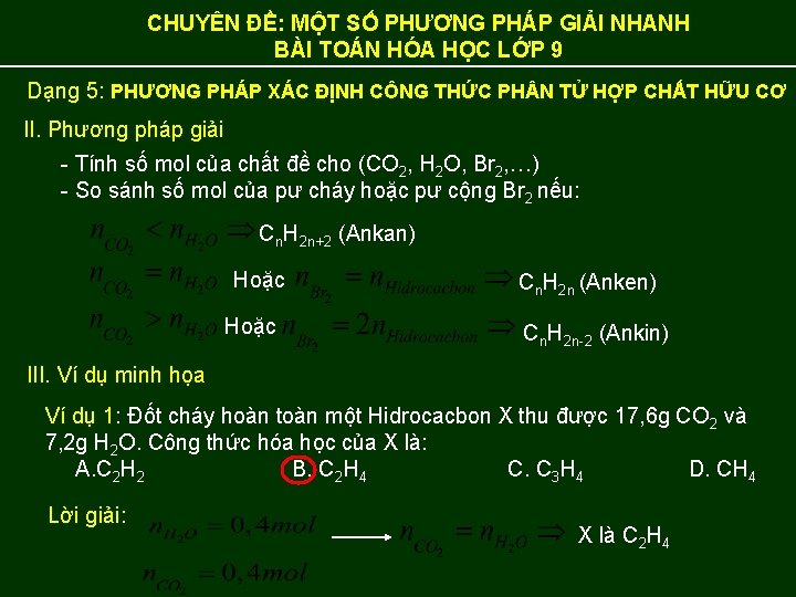 CHUYÊN ĐỀ: MỘT SỐ PHƯƠNG PHÁP GIẢI NHANH BÀI TOÁN HÓA HỌC LỚP 9