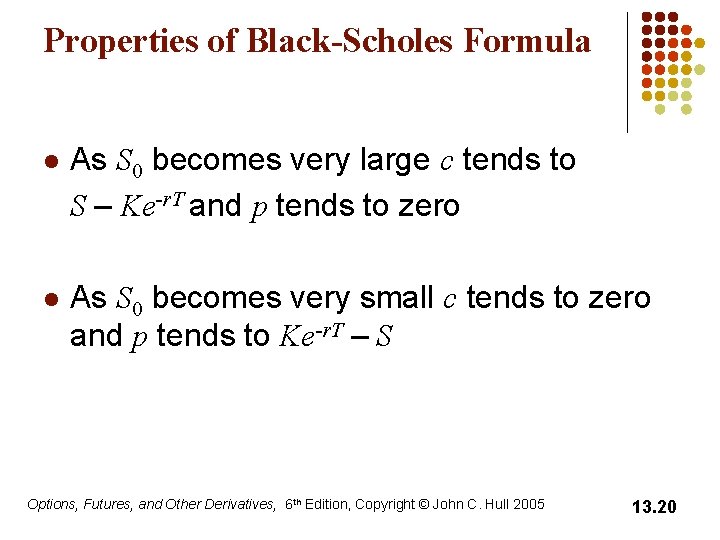 Properties of Black-Scholes Formula l As S 0 becomes very large c tends to