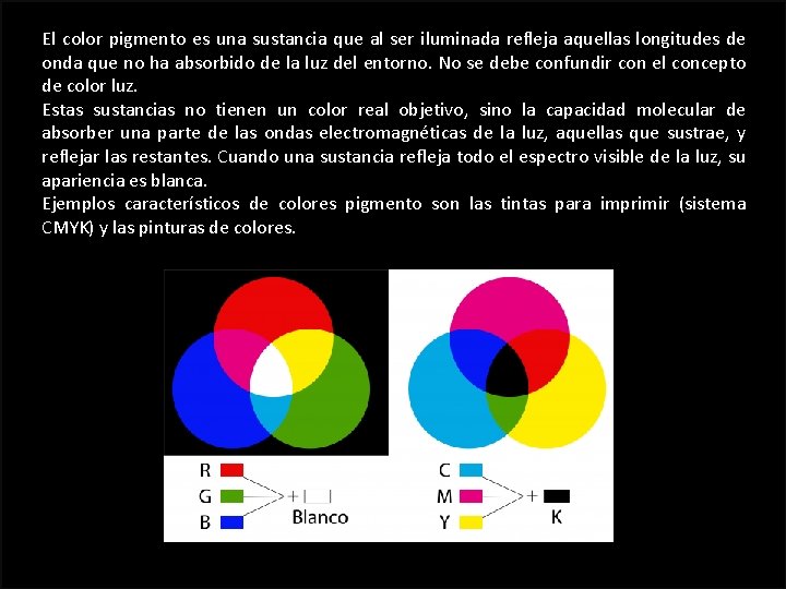 El color pigmento es una sustancia que al ser iluminada refleja aquellas longitudes de