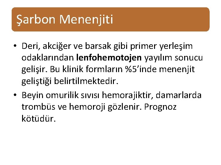 Şarbon Menenjiti • Deri, akciğer ve barsak gibi primer yerleşim odaklarından lenfohemotojen yayılım sonucu