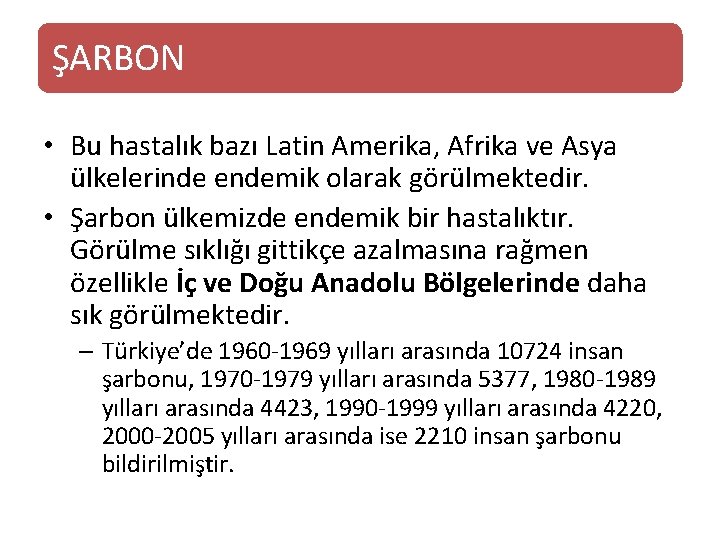 ŞARBON • Bu hastalık bazı Latin Amerika, Afrika ve Asya ülkelerinde endemik olarak görülmektedir.