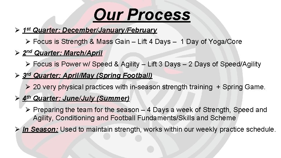 Our Process Ø 1 st Quarter: December/January/February Ø Focus is Strength & Mass Gain