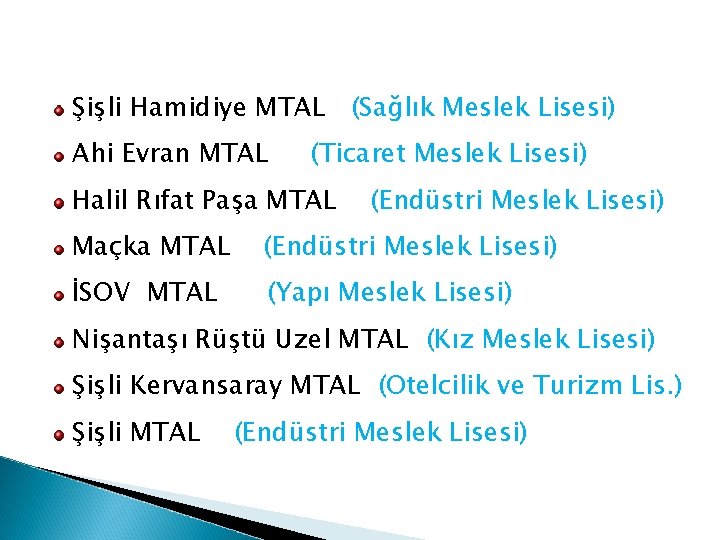 Şişli Hamidiye MTAL (Sağlık Meslek Lisesi) Ahi Evran MTAL (Ticaret Meslek Lisesi) Halil Rıfat