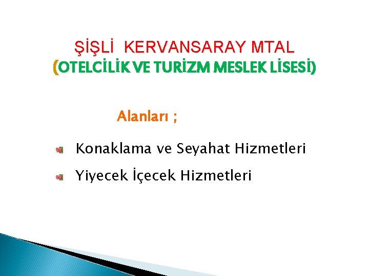 ŞİŞLİ KERVANSARAY MTAL (OTELCİLİK VE TURİZM MESLEK LİSESİ) Alanları ; Konaklama ve Seyahat Hizmetleri