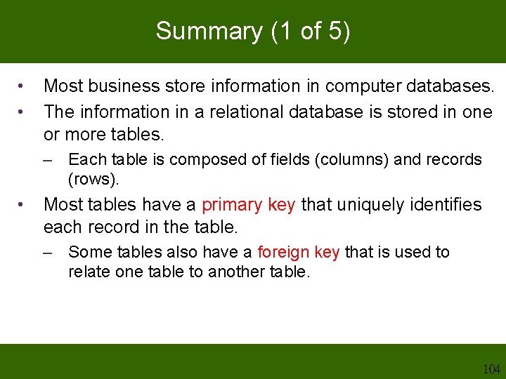 Summary (1 of 5) • • Most business store information in computer databases. The Summary (1 of 5) • • Most business store information in computer databases. The