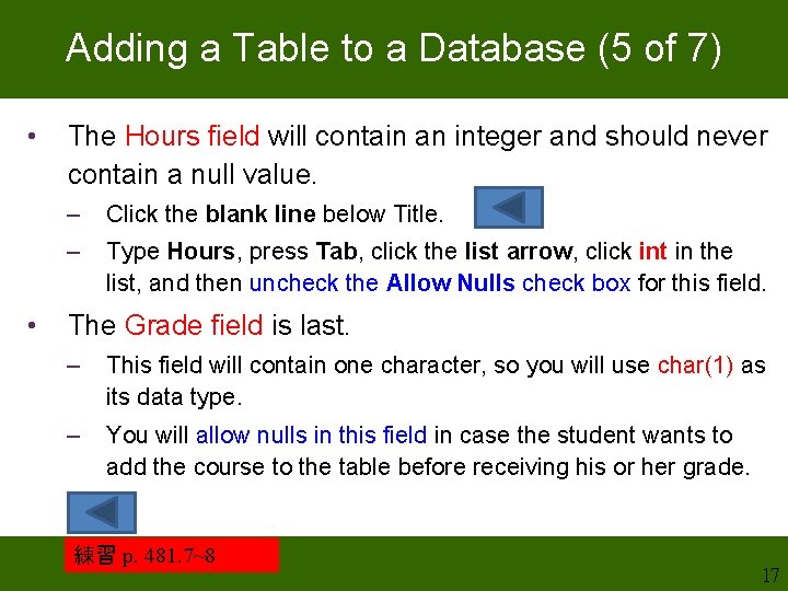 Adding a Table to a Database (5 of 7) • • The Hours field Adding a Table to a Database (5 of 7) • • The Hours field