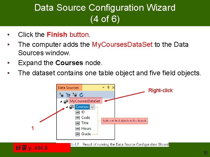 Data Source Configuration Wizard (4 of 6) • • Click the Finish button. The Data Source Configuration Wizard (4 of 6) • • Click the Finish button. The