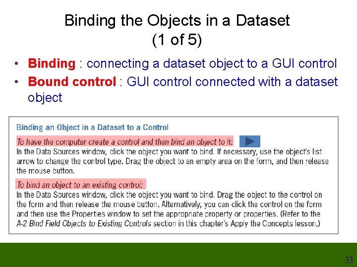 Binding the Objects in a Dataset (1 of 5) • Binding : connecting a Binding the Objects in a Dataset (1 of 5) • Binding : connecting a
