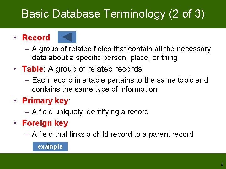 Basic Database Terminology (2 of 3) • Record – A group of related fields Basic Database Terminology (2 of 3) • Record – A group of related fields