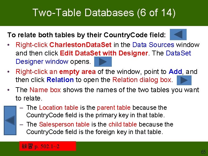 Two-Table Databases (6 of 14) To relate both tables by their Country. Code field: Two-Table Databases (6 of 14) To relate both tables by their Country. Code field: