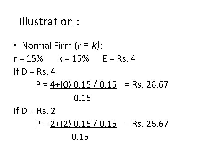 Illustration : • Normal Firm (r = k): r = 15% k = 15%