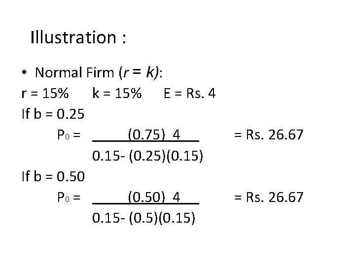 Illustration : • Normal Firm (r = k): r = 15% k = 15%