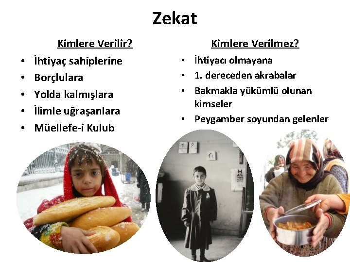 Zekat Kimlere Verilir? • • • İhtiyaç sahiplerine Borçlulara Yolda kalmışlara İlimle uğraşanlara Müellefe-i