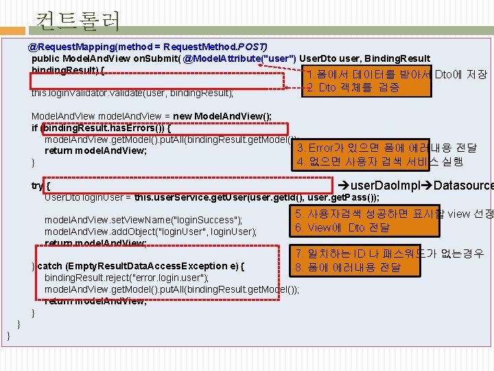 컨트롤러 @Request. Mapping(method = Request. Method. POST) public Model. And. View on. Submit( @Model.