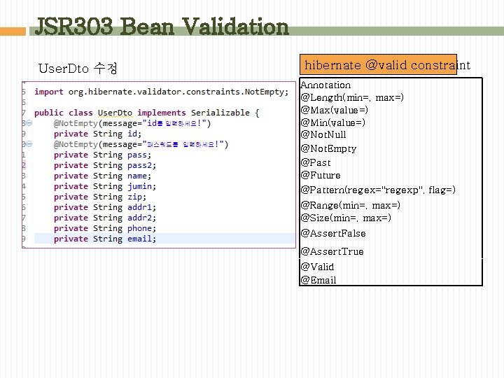 JSR 303 Bean Validation User. Dto 수정 hibernate @valid constraint Annotation @Length(min=, max=) @Max(value=)