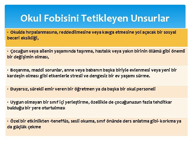 Okul Fobisini Tetikleyen Unsurlar · Okulda hırpalanmasına, reddedilmesine veya kavga etmesine yol açacak bir