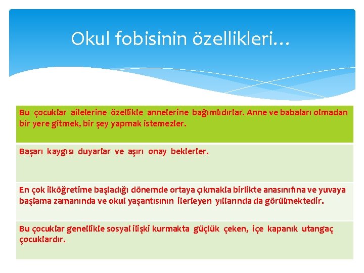 Okul fobisinin özellikleri… Bu çocuklar ailelerine özellikle annelerine bağımlıdırlar. Anne ve babaları olmadan bir