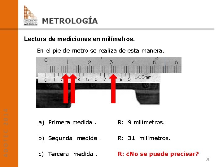 Lectura de mediciones en milímetros. En el pie de metro se realiza de esta