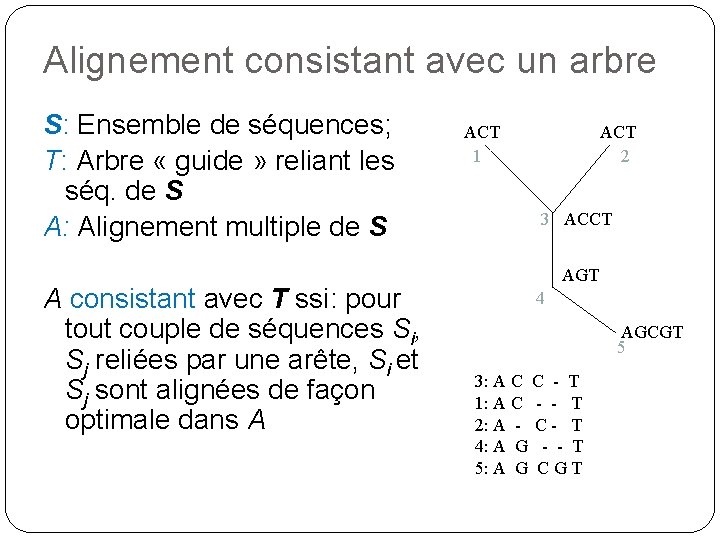 Alignement consistant avec un arbre S: Ensemble de séquences; T: Arbre « guide »