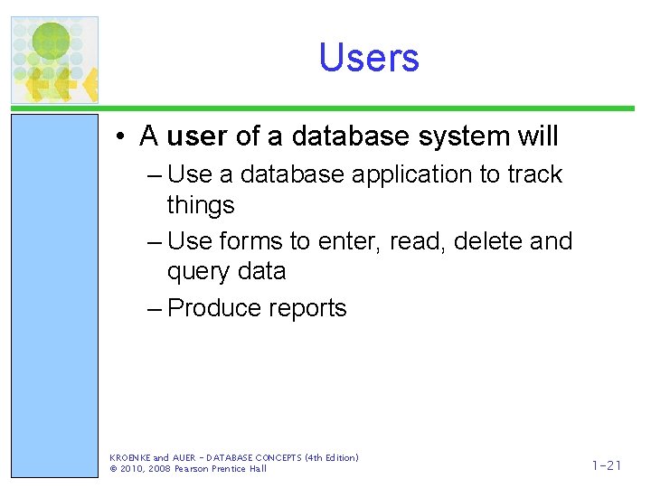 Users • A user of a database system will – Use a database application