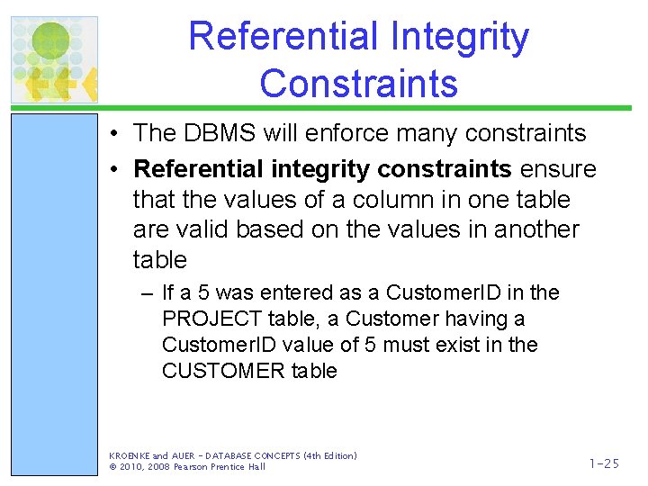 Referential Integrity Constraints • The DBMS will enforce many constraints • Referential integrity constraints