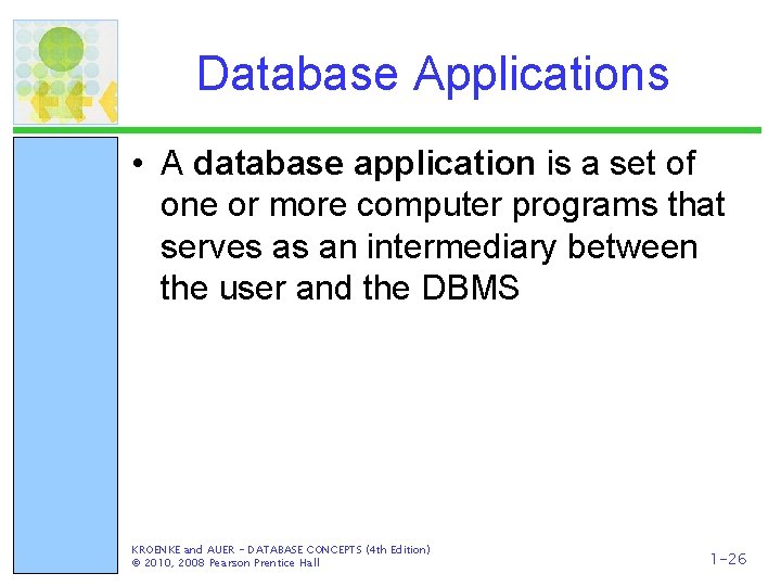 Database Applications • A database application is a set of one or more computer