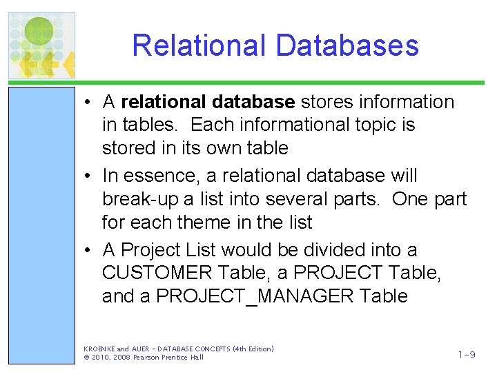 Relational Databases • A relational database stores information in tables. Each informational topic is