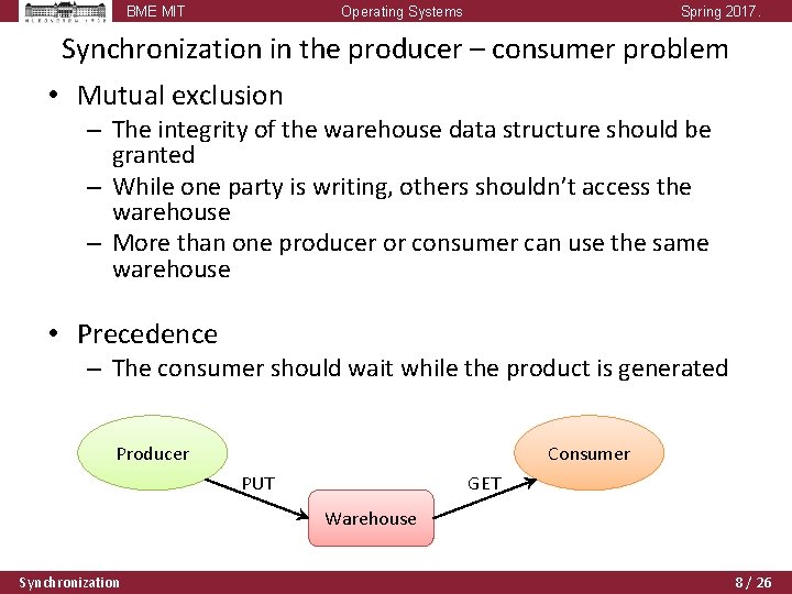 BME MIT Operating Systems Spring 2017. Synchronization in the producer – consumer problem •