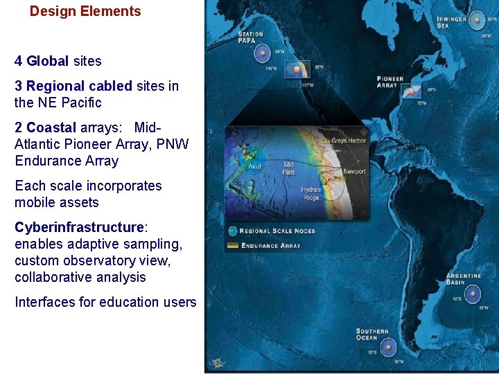 Design Elements 4 Global sites 3 Regional cabled sites in the NE Pacific Ocean