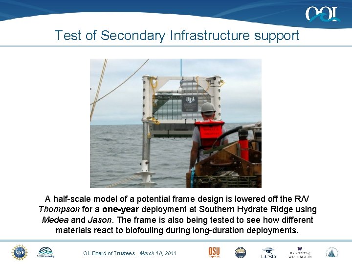 Test of Secondary Infrastructure support A half-scale model of a potential frame design is