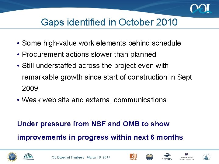 Gaps identified in October 2010 • Some high-value work elements behind schedule • Procurement