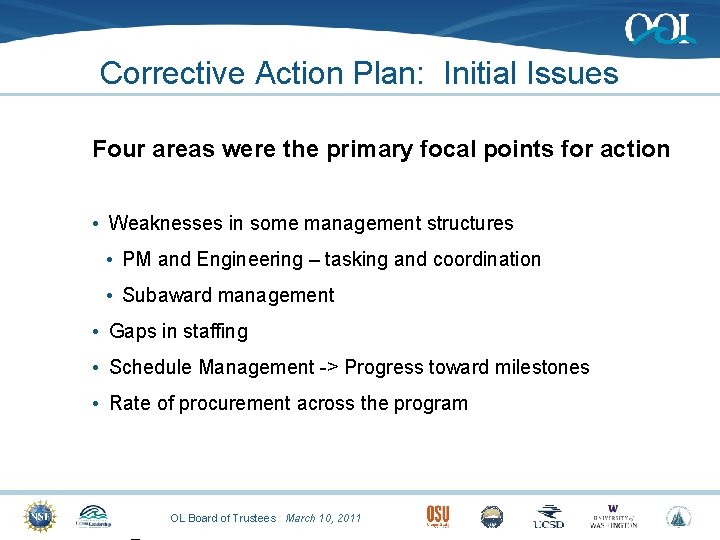 Corrective Action Plan: Initial Issues Four areas were the primary focal points for action