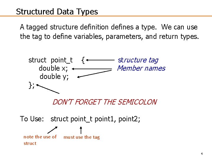 Structured Data Types A tagged structure definition defines a type. We can use the
